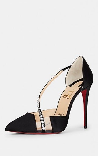 CHRISTIAN LOUBOUTIN Krystal Embellished Black Satin & PVC Pumps ~ luxe courts - flipped