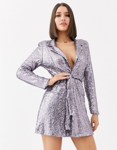 Club L London sequin tuxedo dress with belt detail in gunmetal / glam going out fashion - flipped