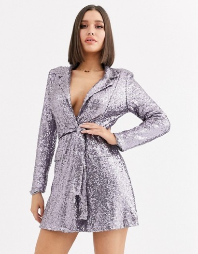 Club L London sequin tuxedo dress with belt detail in gunmetal / glam going out fashion