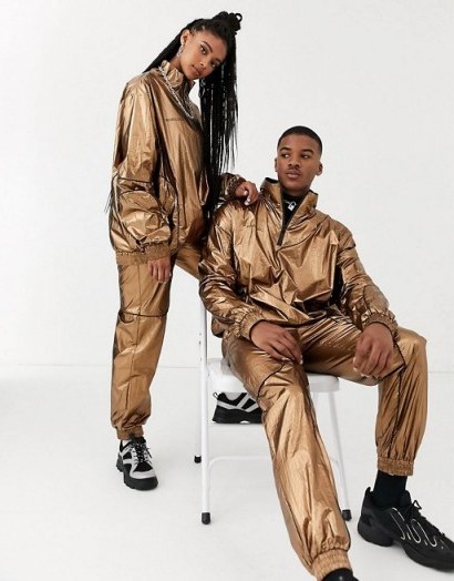 COLLUSION Unisex metallic jacket and jogger co-ord in copper - flipped
