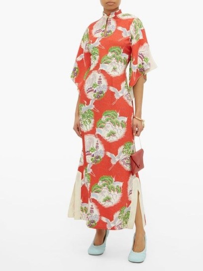WILLIAM VINTAGE Crane-print kimono-style silk maxi dress in red / bird prints / mandarin collar kimonos - flipped