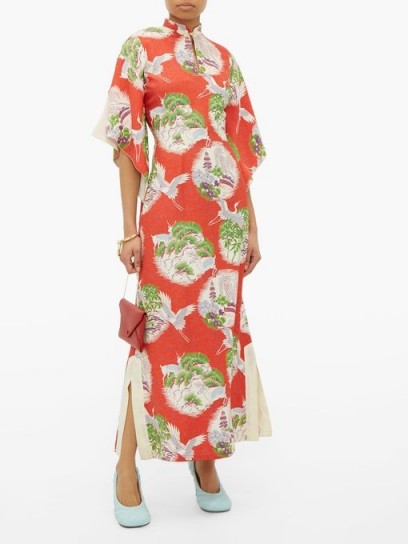 WILLIAM VINTAGE Crane-print kimono-style silk maxi dress in red / bird prints / mandarin collar kimonos