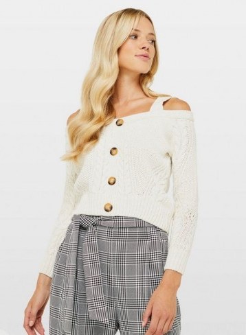 Miss Selfridge Cream Strap Bardot Knitted Jumper – cold shoulder knitwear - flipped