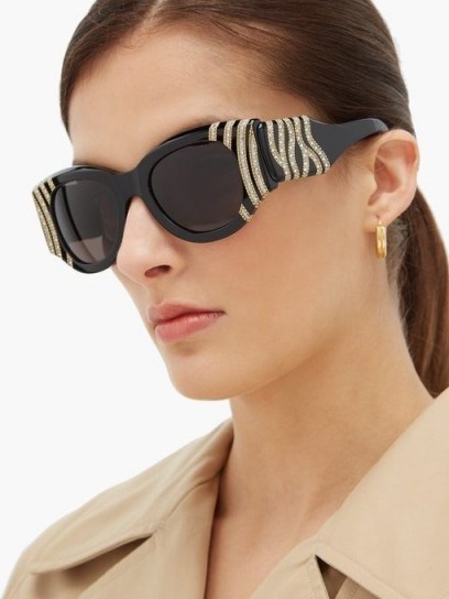 BALENCIAGA Crystal and chain-bead round acetate sunglasses in black ~ glamorous eyewear - flipped