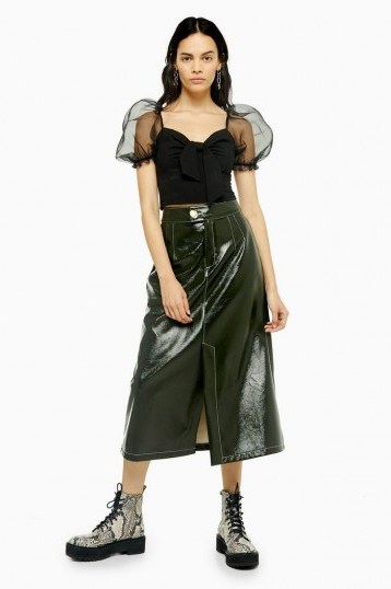 TOPSHOP Dark Green A-Line Vinyl Midi Skirt / high-shine skirts - flipped