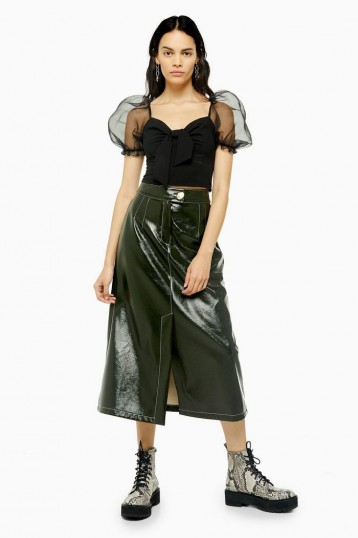 TOPSHOP Dark Green A-Line Vinyl Midi Skirt / high-shine skirts