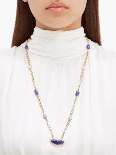 JADE JAGGER Diamond, tanzanite, pearl & 18kt gold necklace / long luxe pendant necklaces / blue stone pendants - flipped