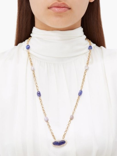 JADE JAGGER Diamond, tanzanite, pearl & 18kt gold necklace / long luxe pendant necklaces / blue stone pendants