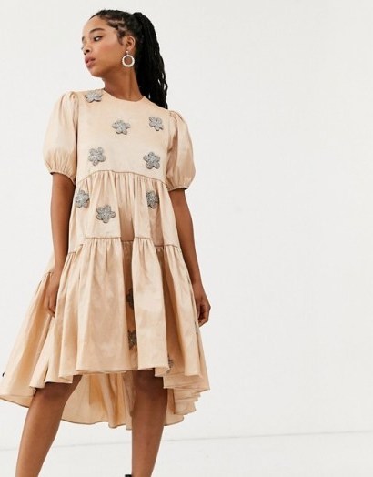 Dream Sister Jane tiered midaxi dress with puff sleeves and embellished flowers in taffeta in peach shimmer - flipped