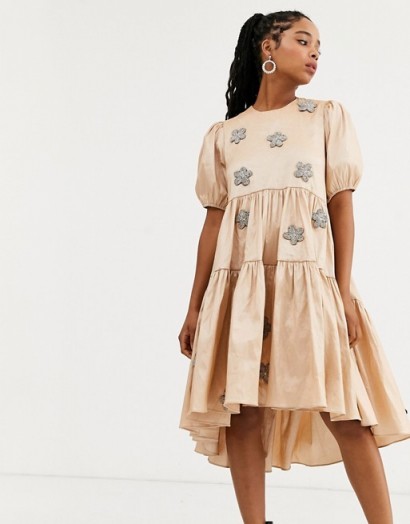 Dream Sister Jane tiered midaxi dress with puff sleeves and embellished flowers in taffeta in peach shimmer
