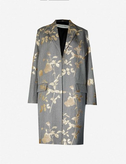 DRIES VAN NOTEN Metallic floral-embroidered jacquard coat in grey - flipped