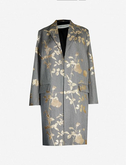 DRIES VAN NOTEN Metallic floral-embroidered jacquard coat in grey