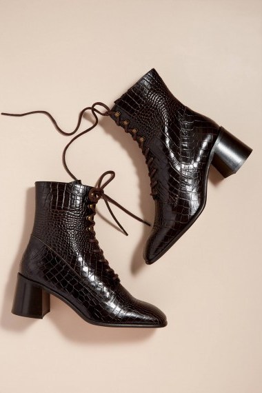 E8 Miista Emma Heeled Boots in Chocolate / croc effect leather footwear - flipped