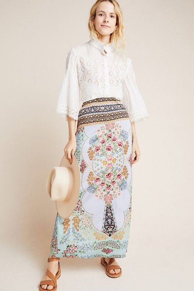 Farm Rio Floral Maxi Skirt in Sky / long pale-blue skirts