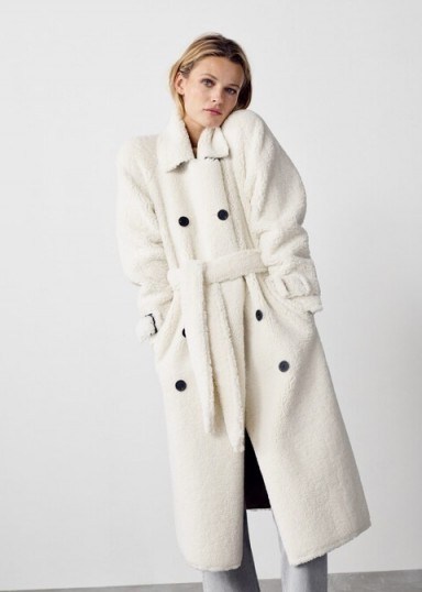Mango Faux shearling long coat in ecru REF. 53067015-FUZZY-LM | neutral chunky winter coats - flipped