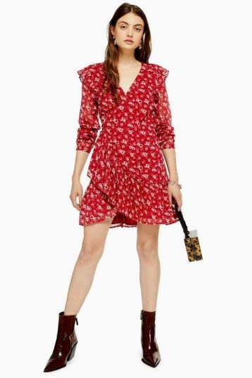 TOPSHOP Floral Dobby Ruffle Mini Dress in Red / frill trimmed wrap dresses - flipped