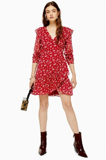 TOPSHOP Floral Dobby Ruffle Mini Dress in Red / frill trimmed wrap dresses