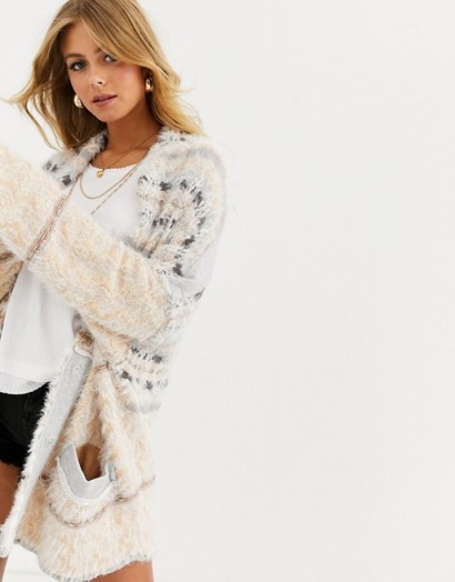 Free People fair weather patterned cardigan in neutral combo | soft and slouchy longline cardigans