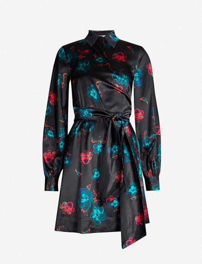 GANNI Floral-print A-line silk-satin mini dress in black / high neck waist tie dresses