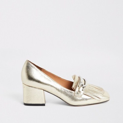 RIVER ISLAND Gold heeled snaffle tassel loafer / metallic loafers - flipped