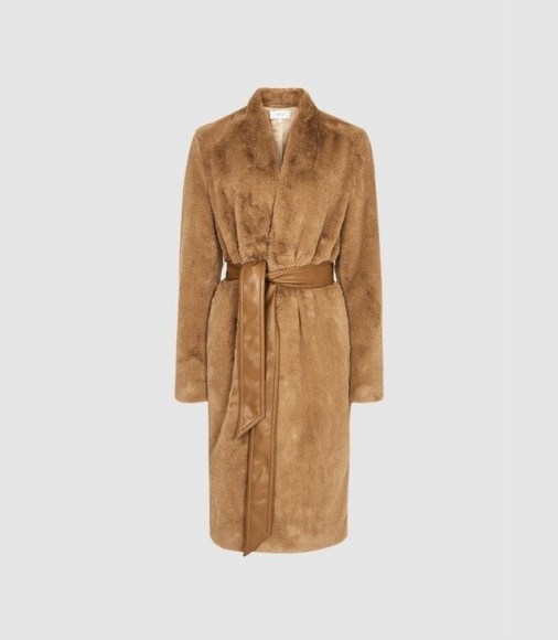 REISS HALLE LONG LINE FAUX FUR COAT ALMOND ~ luxe winter coats - flipped