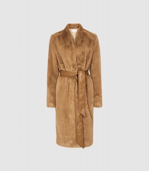 REISS HALLE LONG LINE FAUX FUR COAT ALMOND ~ luxe winter coats