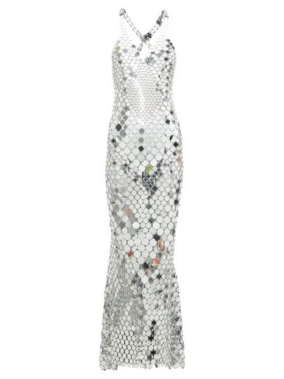 PACO RABANNE Halterneck chainmail maxi dress in silver ~ vintage style evening glamour - flipped