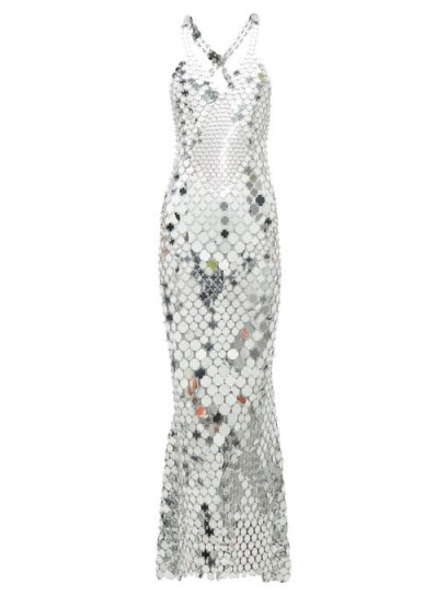 PACO RABANNE Halterneck chainmail maxi dress in silver ~ vintage style evening glamour