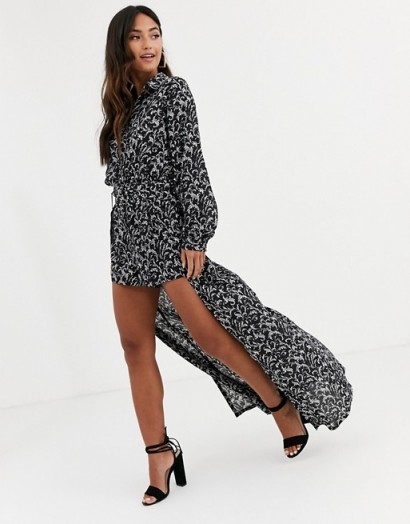 In The Style x Stephsa long sleeve printed playsuit with removable skirt in black