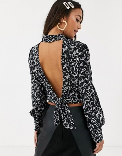 In The Style x Stephsa print cropped blouse with open back tie detail in black / high neck blouses - flipped