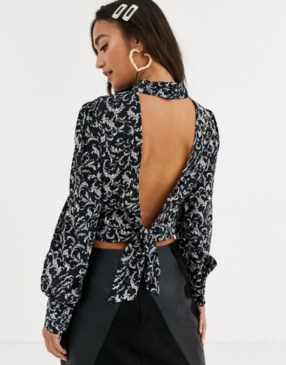 In The Style x Stephsa print cropped blouse with open back tie detail in black / high neck blouses
