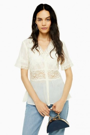TOPSHOP Ivory Lace Insert Tea Blouse / floral detail blouses - flipped