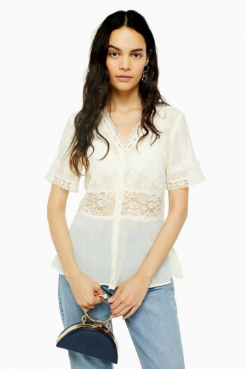 TOPSHOP Ivory Lace Insert Tea Blouse / floral detail blouses