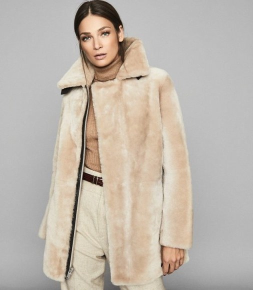 REISS IZZIE MID LENGTH SHEARLING COAT NEUTRAL ~ luxe winter coats - flipped