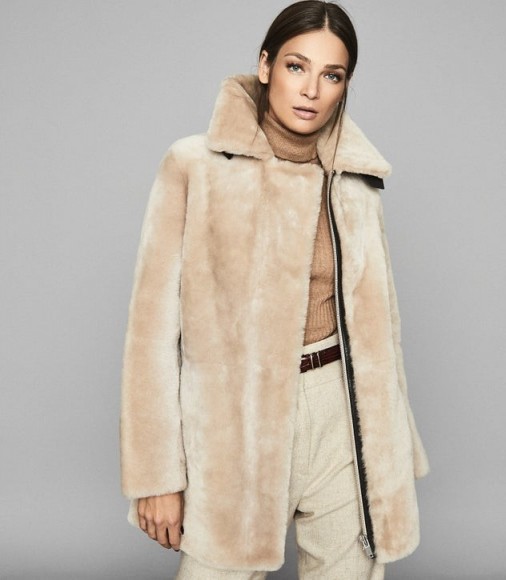 REISS IZZIE MID LENGTH SHEARLING COAT NEUTRAL ~ luxe winter coats
