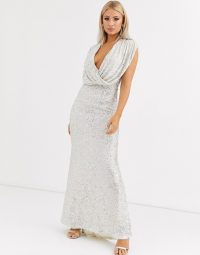 Jarlo wrap front sequin gown in silver / plunging gowns