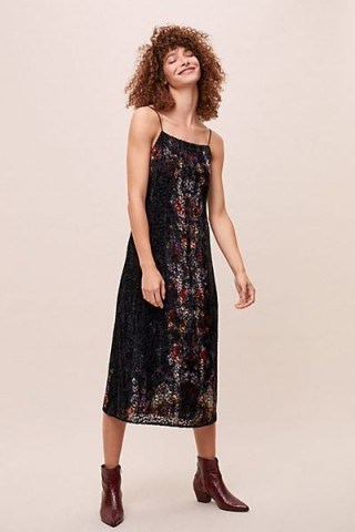 Kachel x Anthropologie Burnout-Velvet Slip Dress Black / square neck cami dresses/ leopard devore fabric - flipped