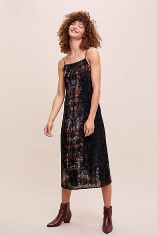 Kachel x Anthropologie Burnout-Velvet Slip Dress Black / square neck cami dresses/ leopard devore fabric