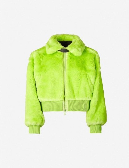 KIRIN PEGGY GOU Smile collared fitted faux-fur jacket | bright green fluffy bomber - flipped