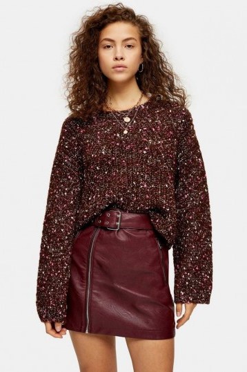 Topshop Knitted Neppy Cropped Jumper in Brown | flecked crew neck sweater - flipped