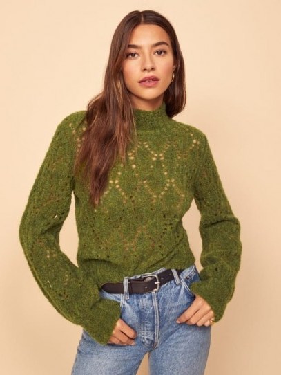 REFORMATION Lexi Sweater in Green | high neck open knit jumper - flipped