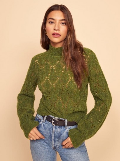 REFORMATION Lexi Sweater in Green | high neck open knit jumper