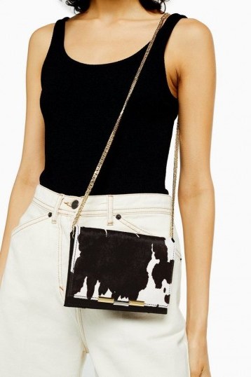 TOPSHOP LUXE Suede Cow Print Cross Body Bag in Monochrome - flipped