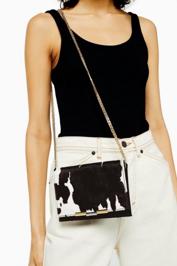 TOPSHOP LUXE Suede Cow Print Cross Body Bag in Monochrome