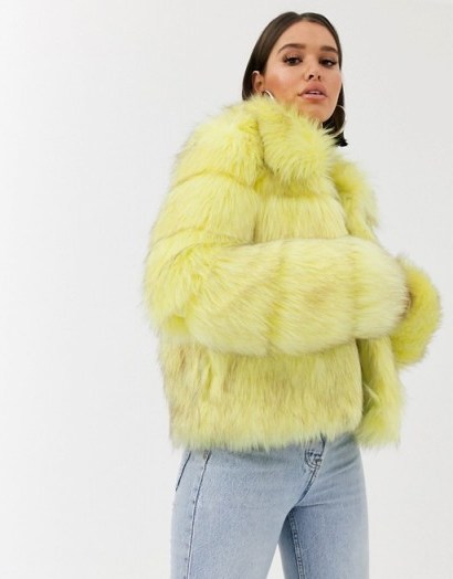 Missguided crop faux fur jacket in yellow / fluffy paneled jackets / winter outerwear - flipped