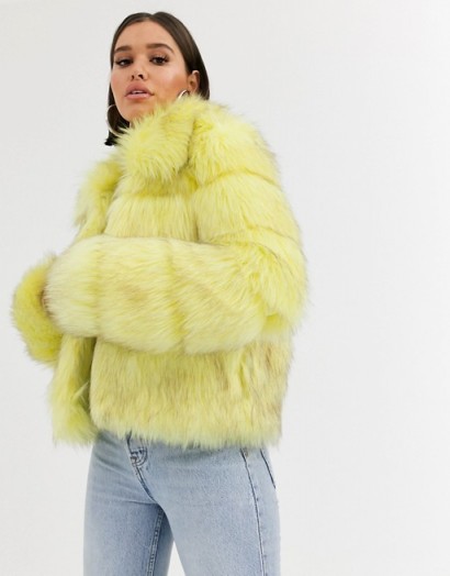 Missguided crop faux fur jacket in yellow / fluffy paneled jackets / winter outerwear
