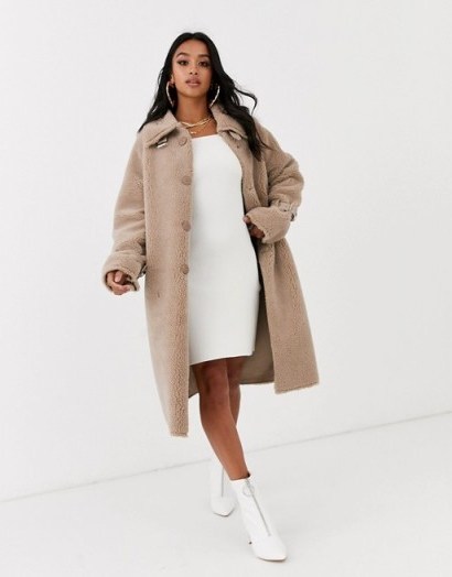 Missguided Petite funnel neck borg coat in beige / luxe style winter coats - flipped