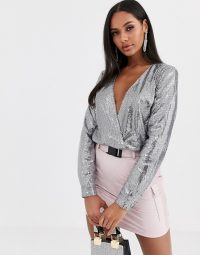 Missguided plunge bodysuit in silver sequin / glitzy going out bodysuits