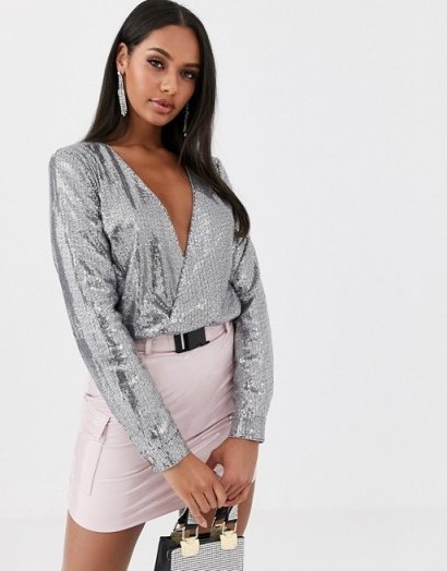 Missguided plunge bodysuit in silver sequin / glitzy going out bodysuits - flipped
