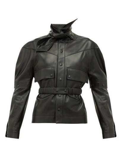 SYMONDS PEARMAIN Neck-tie detachable-sleeve leather jacket in black – luxe fitted jackets - flipped